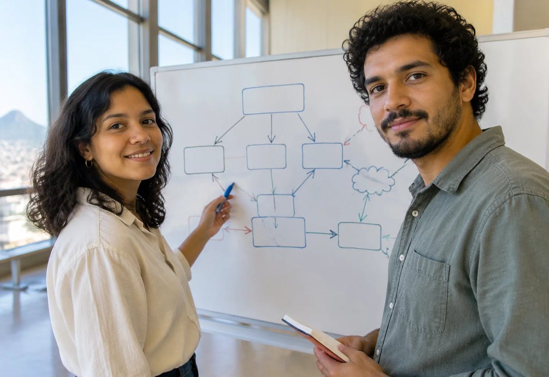 Dupla desenhando no quadro branco a estrutura de uma tese