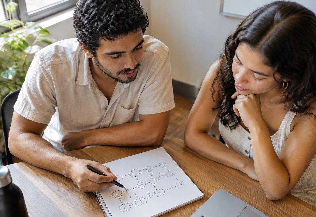 Colegas revendo no tablet as anotações do encontro anterior